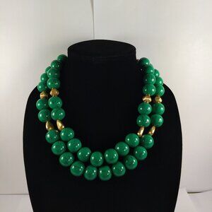K. Amato Green Bead Statement Necklace Two Strand Gold Tone Hardware Beads